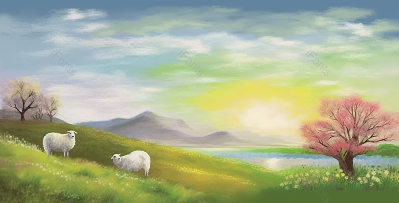 春日夏日季节在一望无际的绿色大草原湖边的牧羊绵羊风景插画,插画/手绘图,插画/手绘图库,插画/手绘图下载,插画/手绘